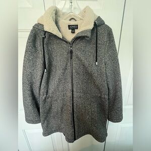 Jones New York Gray Lightweight Zippered Jacket with Sherpa Lined Hood Size L